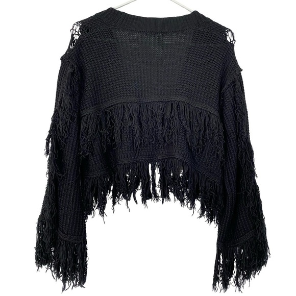 Tularosa Fringe Cardigan Sweater Womens Size Small Black Tie Front Cropped - Picture 2 of 12